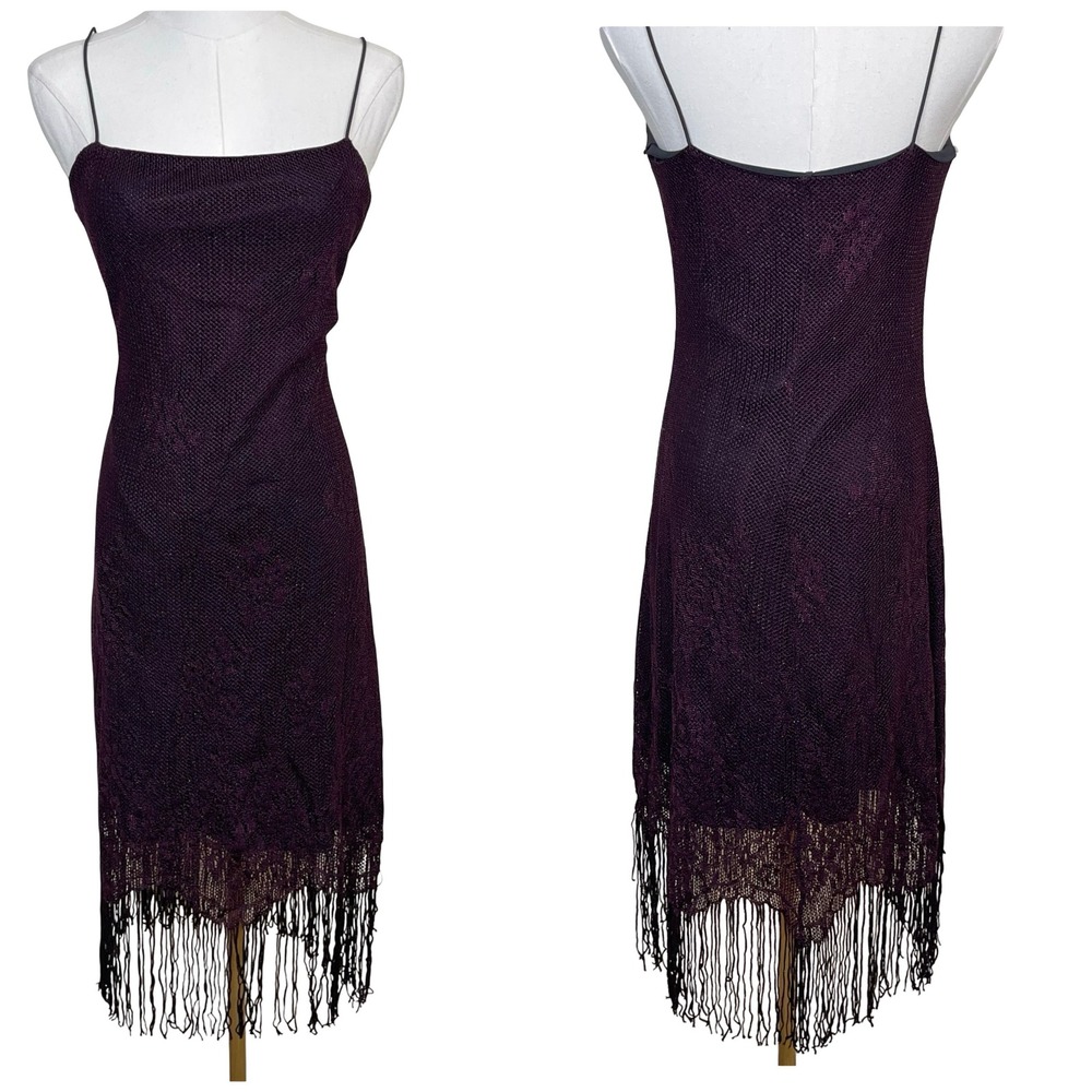 Vintage Byer Too! Fringe Midi Dress Womens M Purple Sparkle 90s Y2K Whimsigoth